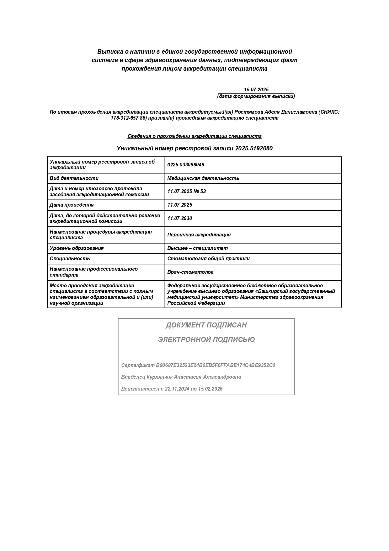 Выписка об аккредитации Ростямова Аделя Динисламовна