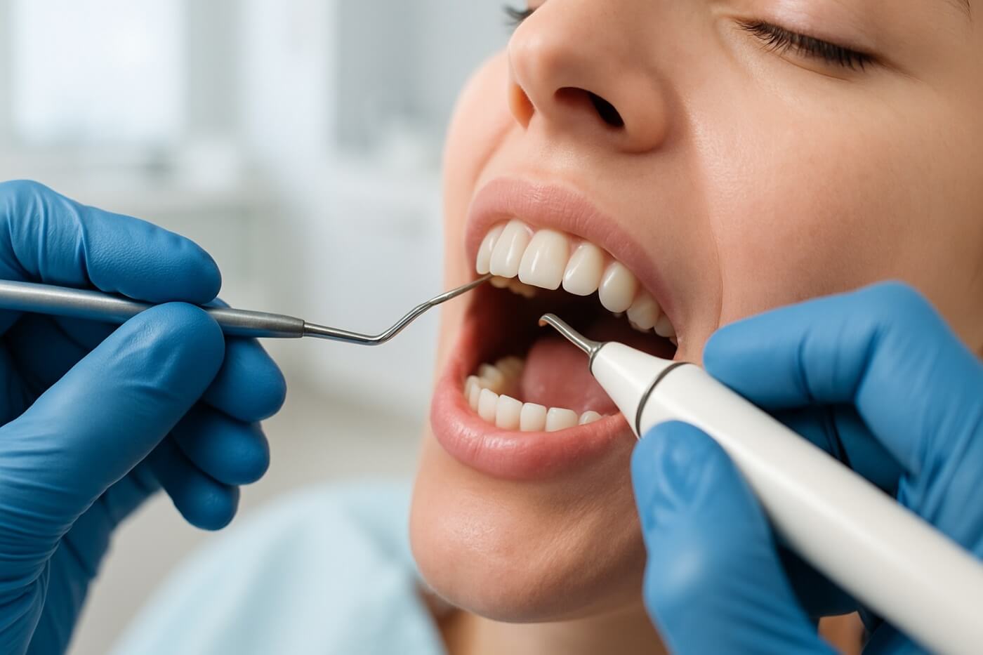 Профессиональная гигиена у стоматолога против кариеса Стоматолог проводит чистку зубов пациенту