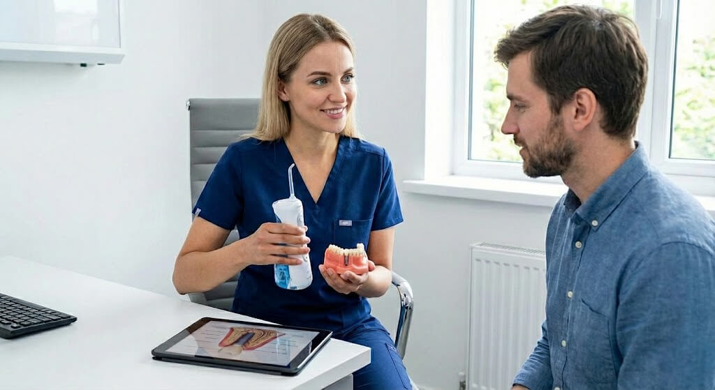 Стоматолог объясняет про важность использования ирригатора при имплантах