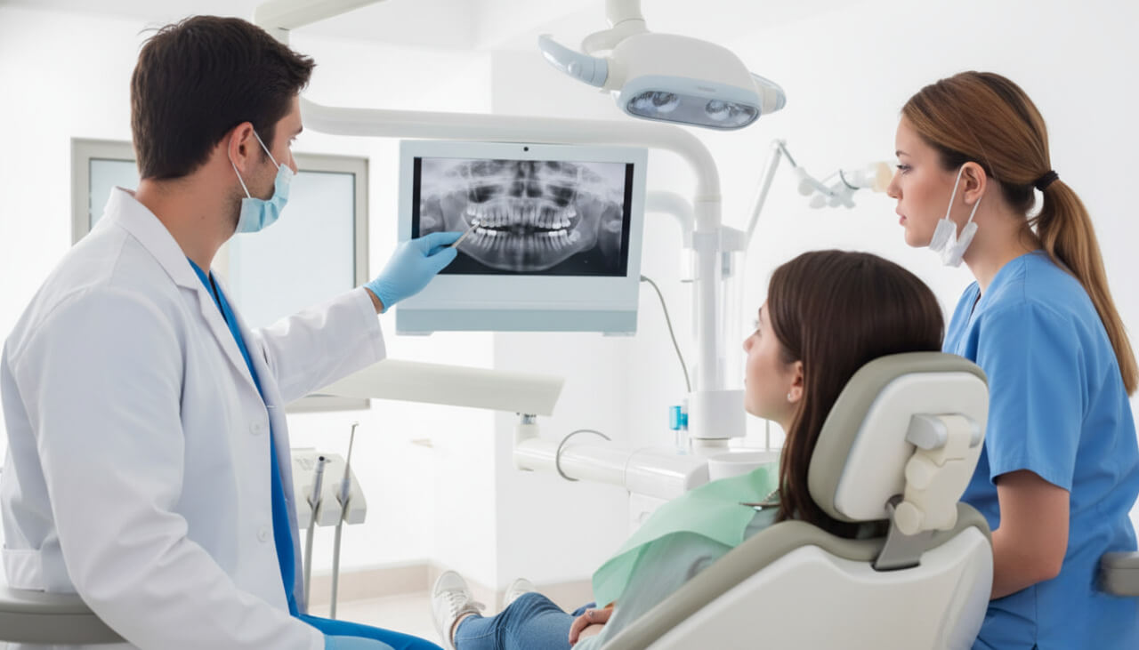 Стоматолог показывает пациенту результаты рентгена зубов